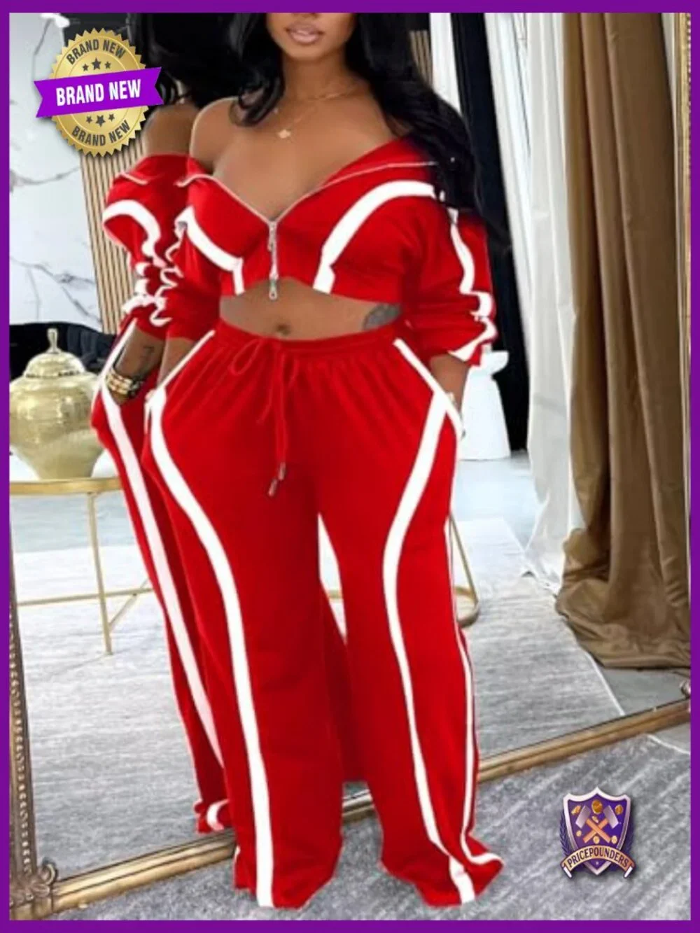 Long Sleeve Zip Up Jacket and Wide Leg Pants Set Tracksuit - Picture 2 of 7